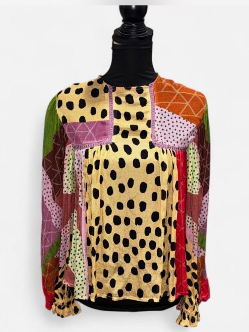 Patchwork Mixed-Print Long-Sleeve Blouse in Yellow Multi